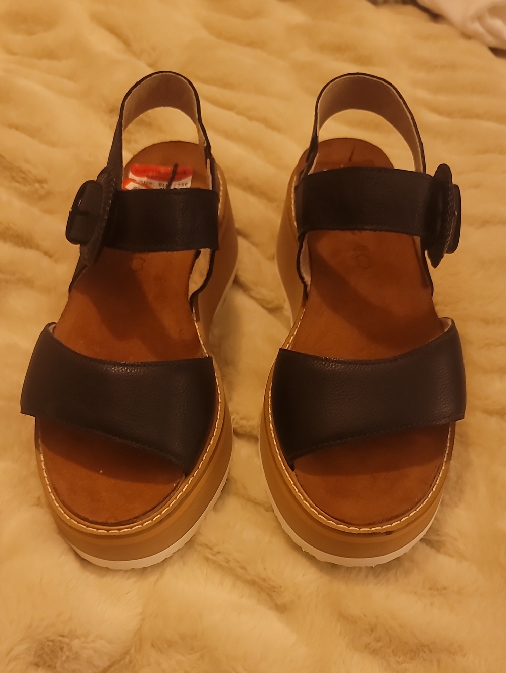 NWT Naot Made In Brazil Black Leather Wedge Sandals with Buckle Strap MSRP $190